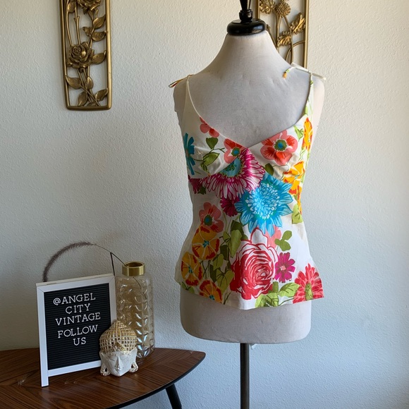 Vintage Trina Turk Floral Tie Tank Top Blouse - Picture 4 of 8